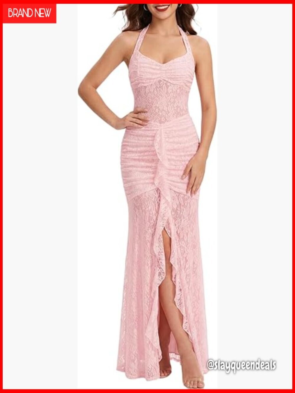 Backless Halter Maxi Dress with Floral Lace and High Slit for Formal Events